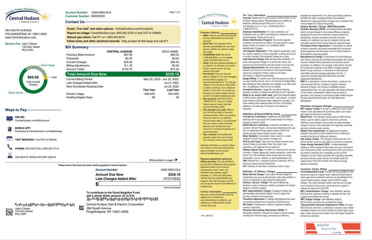 USA New York Central Hudson A fortis company utility bill, Word and PDF template, 3 pages 1 2